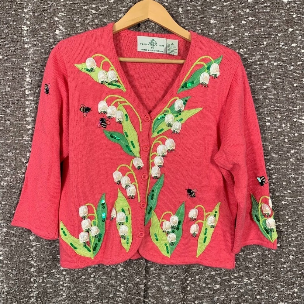 Vintage Design Options Flower Bee Spring Knit Cardigan Sweater Women's M‎